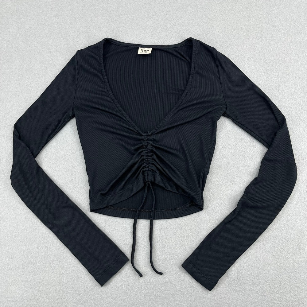 Sunday Best Aritzia Black Ribbed Ruched Front Long Sleeve V-Neck Crop Top 2XS